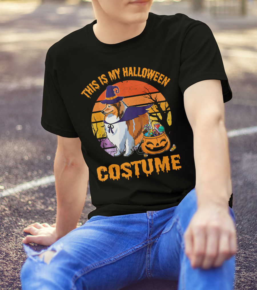 Sheltie Dog Witch With Pumpkin Candy This Is My Halloween Costume T-Shirt