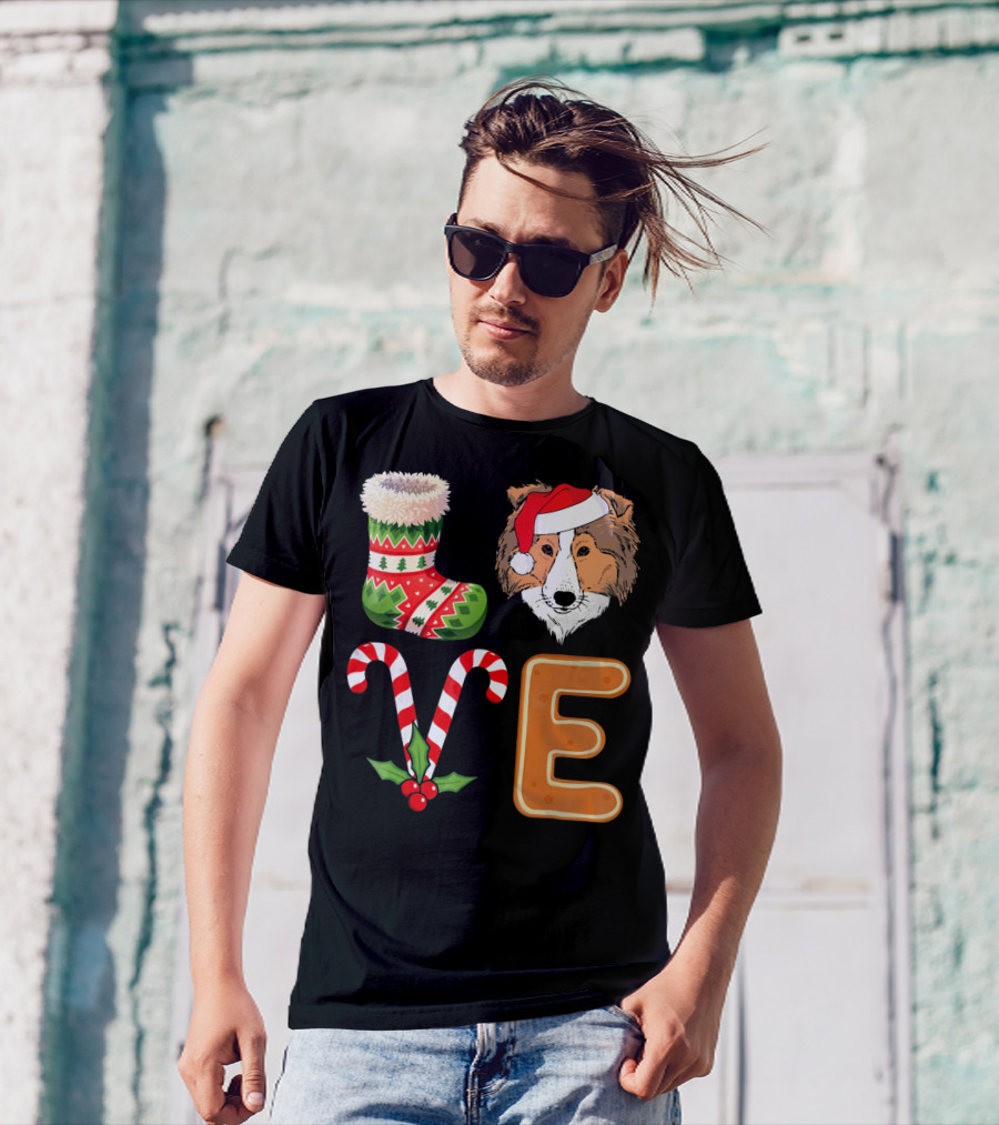 Shetland Sheepdog Lover Christmas Sock Love Candy Cane Gingerbread Holiday T-Shirt
