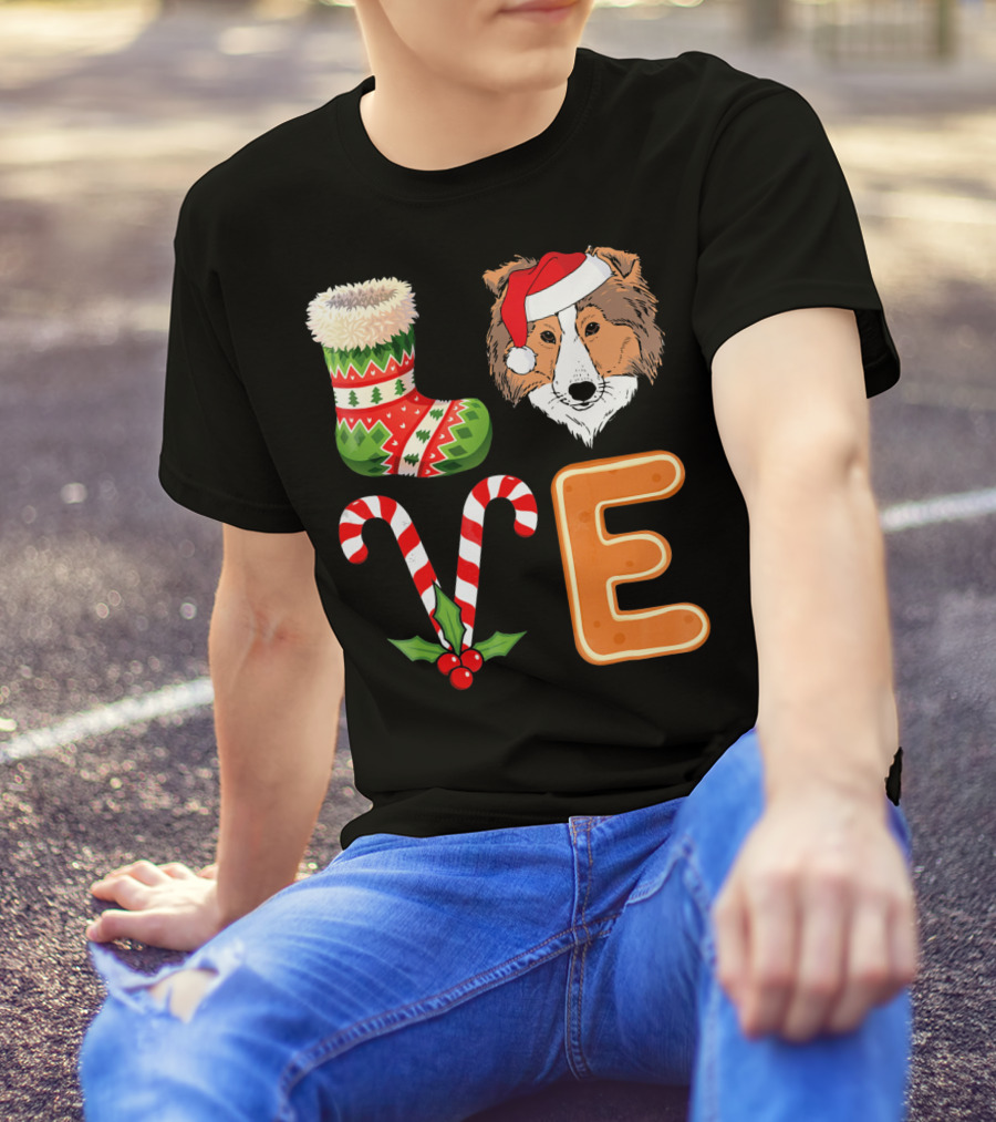 Shetland Sheepdog Lover Christmas Sock Love Candy Cane Gingerbread Holiday T-Shirt