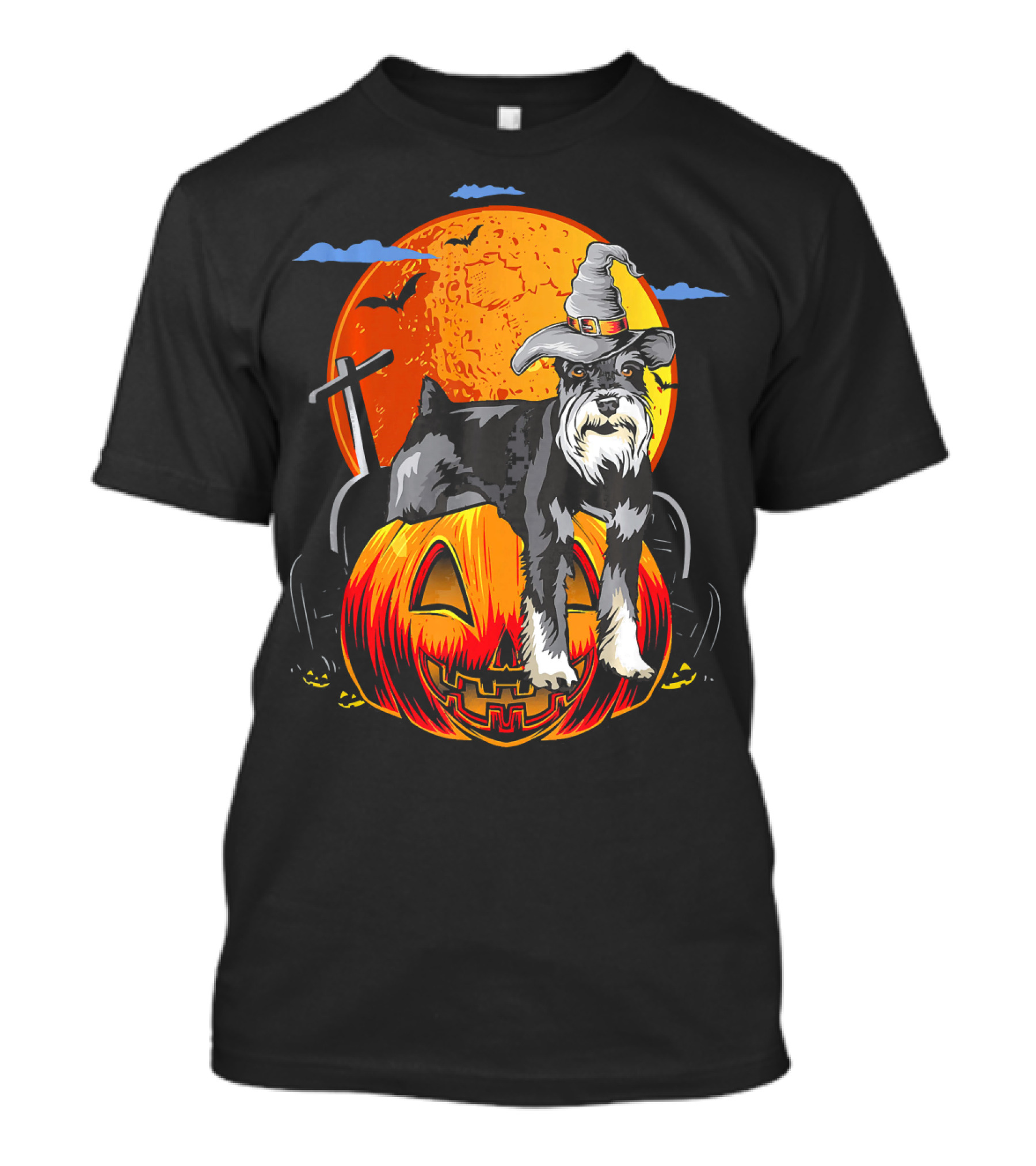 Schnauzer Witch Halloween Pumpkin Moon Bats T-Shirt