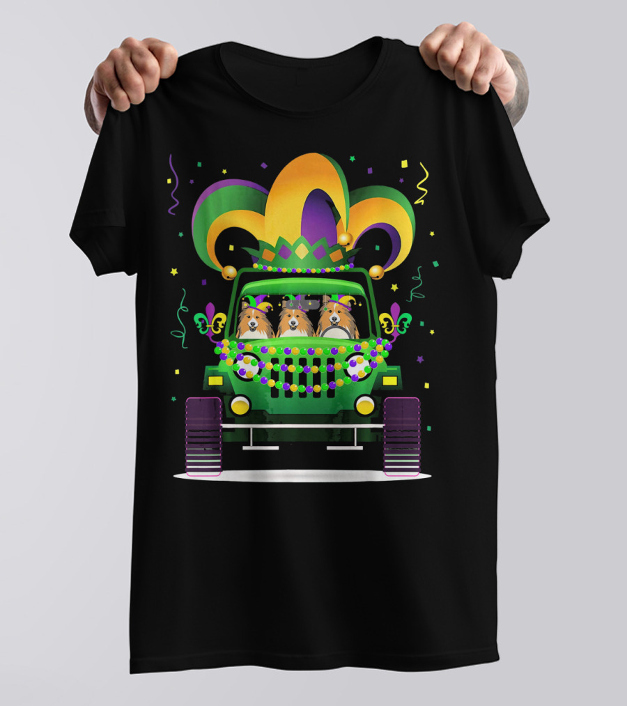 Shetland Sheepdog Riding Jeep Lover Mardi Gras T-Shirt