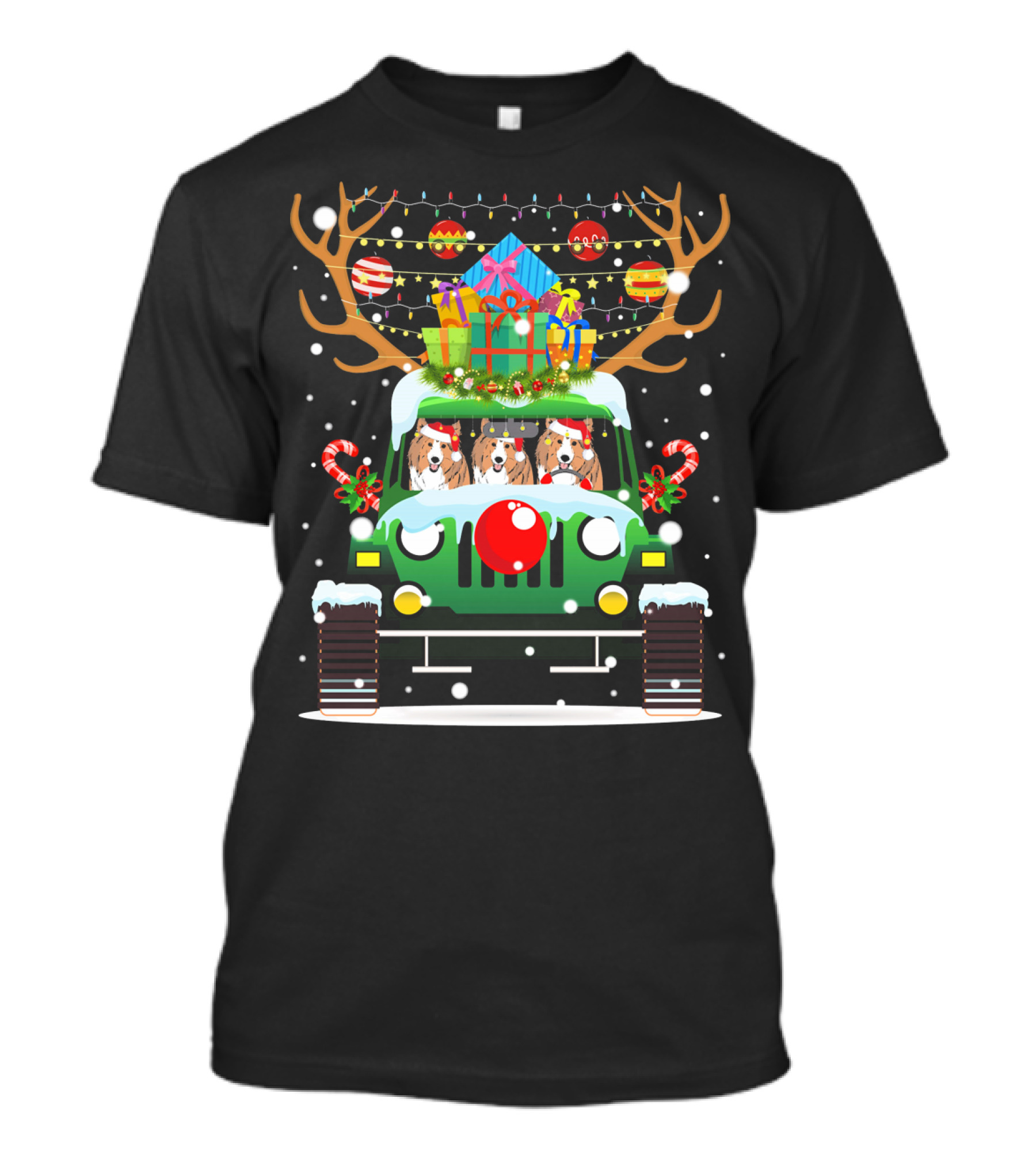 Santa Reindeer Jeep With Presents And Shetland Sheepdog Trio T-Shirt