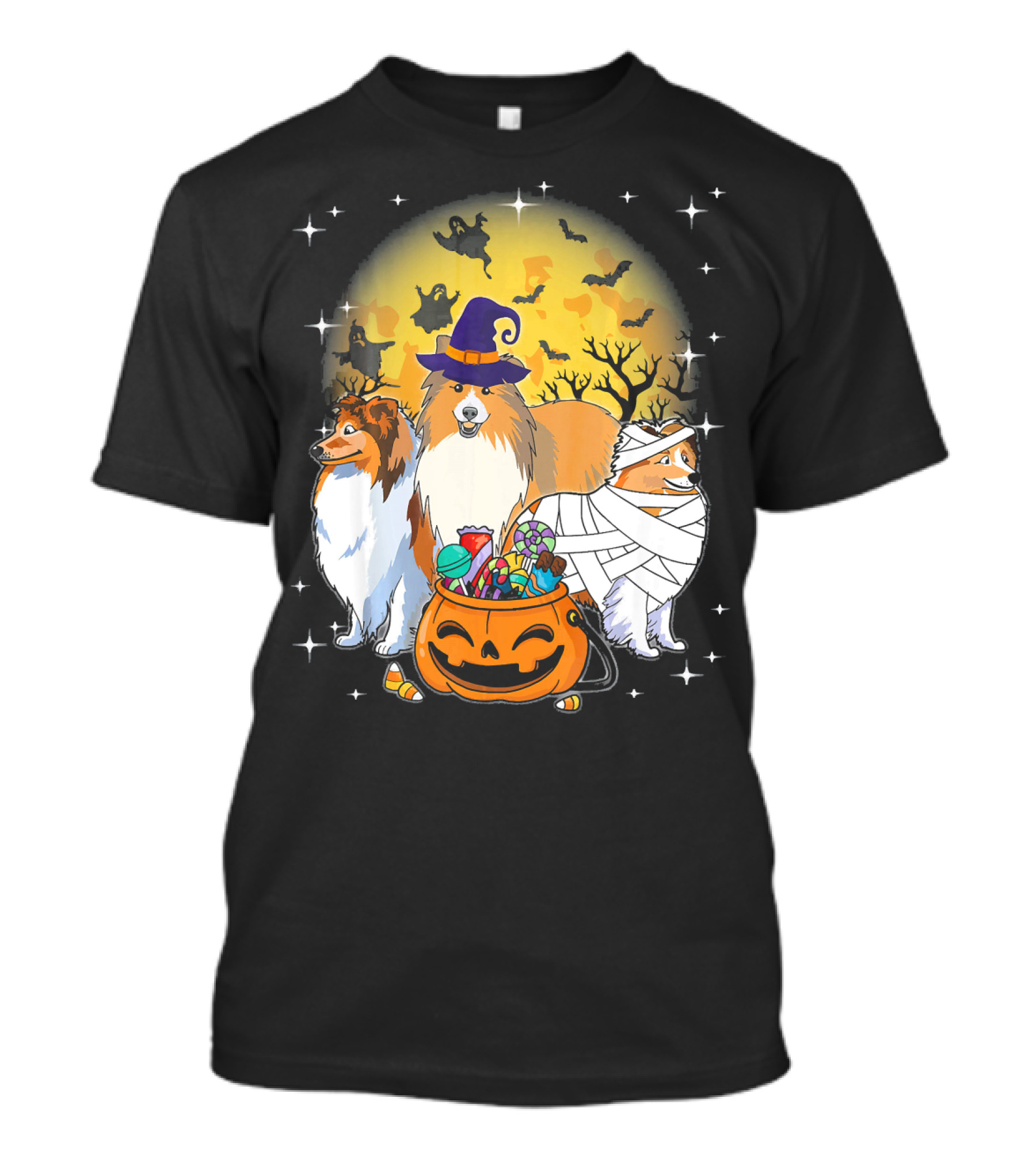 Sheltie Mummy Witch Dog Halloween Moon Ghosts Bats T-Shirt
