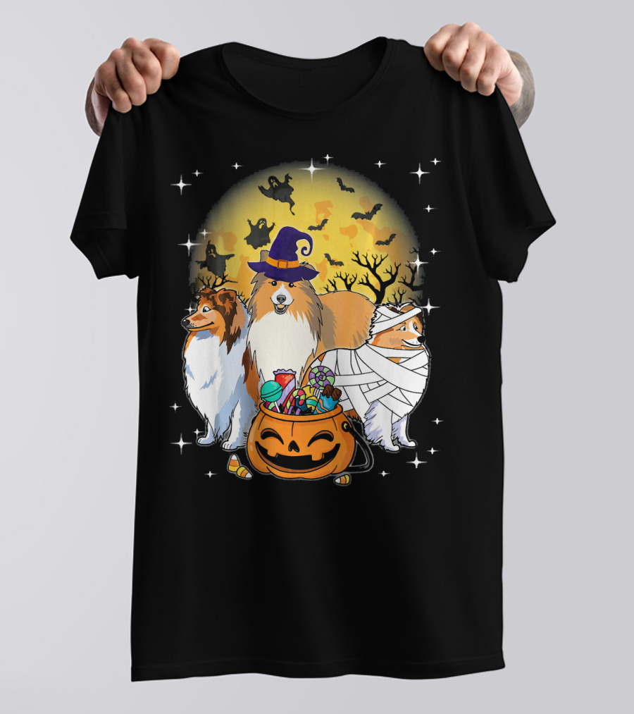 Sheltie Mummy Witch Dog Halloween Moon Ghosts Bats T-Shirt