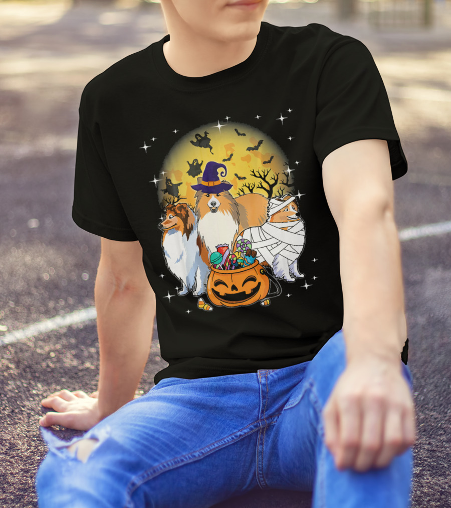 Sheltie Mummy Witch Dog Halloween Moon Ghosts Bats T-Shirt