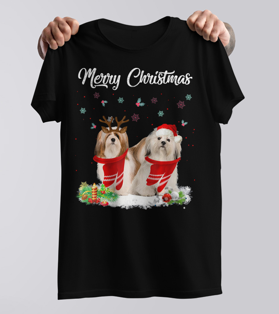 Merry Christmas Lhasa Apso Dogs With Santa Hats And Antlers T-Shirt