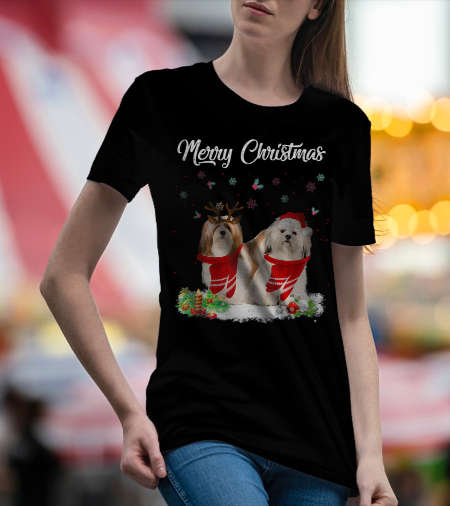 Merry Christmas Lhasa Apso Dogs With Santa Hats And Antlers T-Shirt