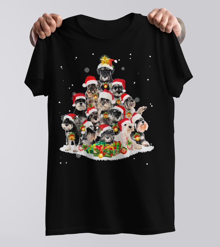 Schnauzer Santa Hats Christmas Tree With Gifts And Snowflakes T-Shirt