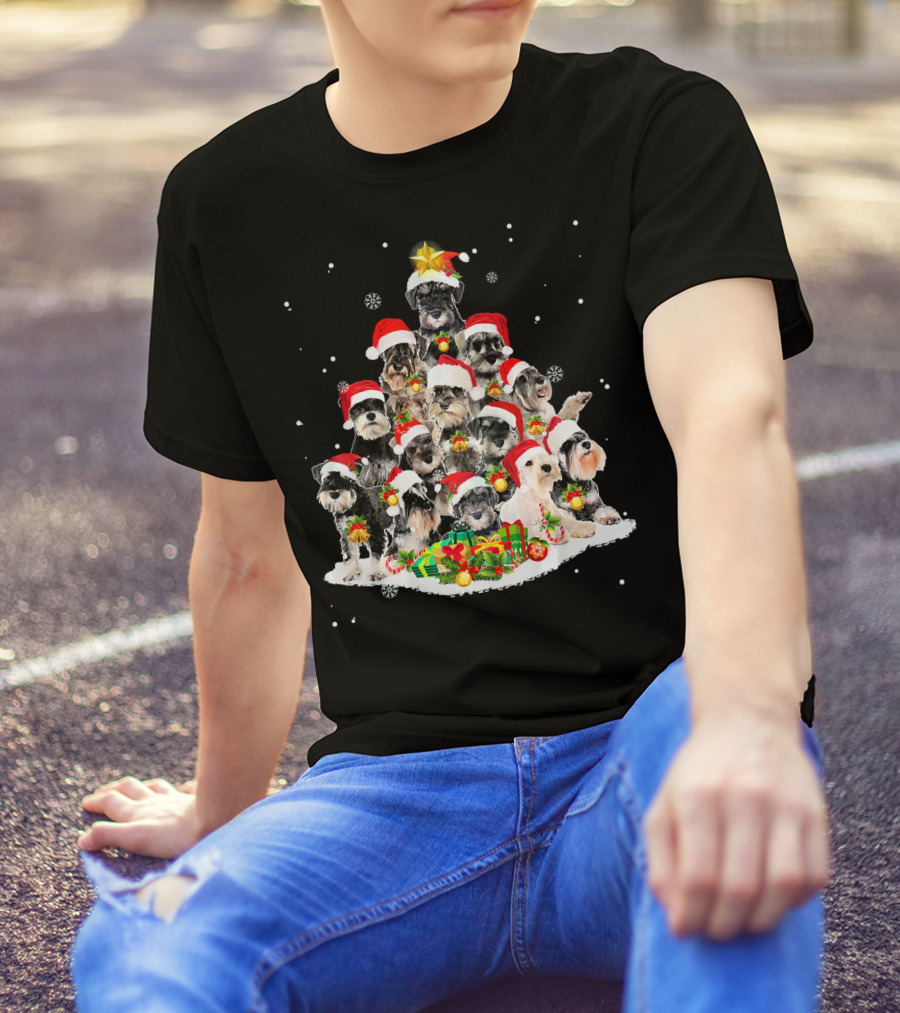 Schnauzer Santa Hats Christmas Tree With Gifts And Snowflakes T-Shirt
