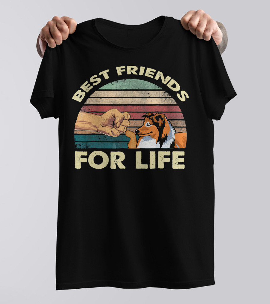 Best Friends For Life Vintage Shetland Sheepdog And Fist Bump Retro Stripes T-Shirt