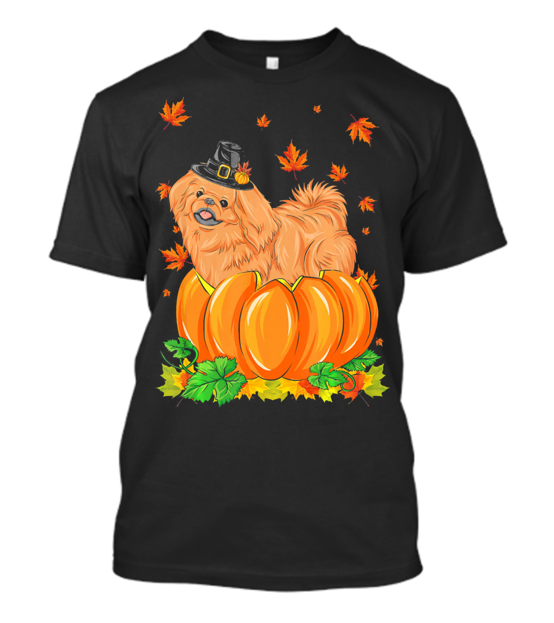 Thanksgiving Pekingese Dog In Witch Hat With Pumpkin And Fall Leaves T-Shirt