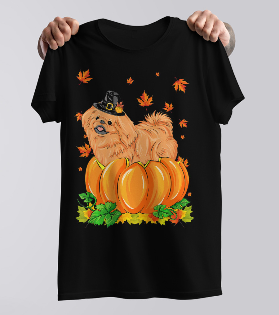 Thanksgiving Pekingese Dog In Witch Hat With Pumpkin And Fall Leaves T-Shirt