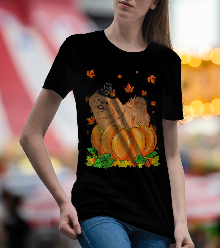 Thanksgiving Pekingese Dog In Witch Hat With Pumpkin And Fall Leaves T-Shirt
