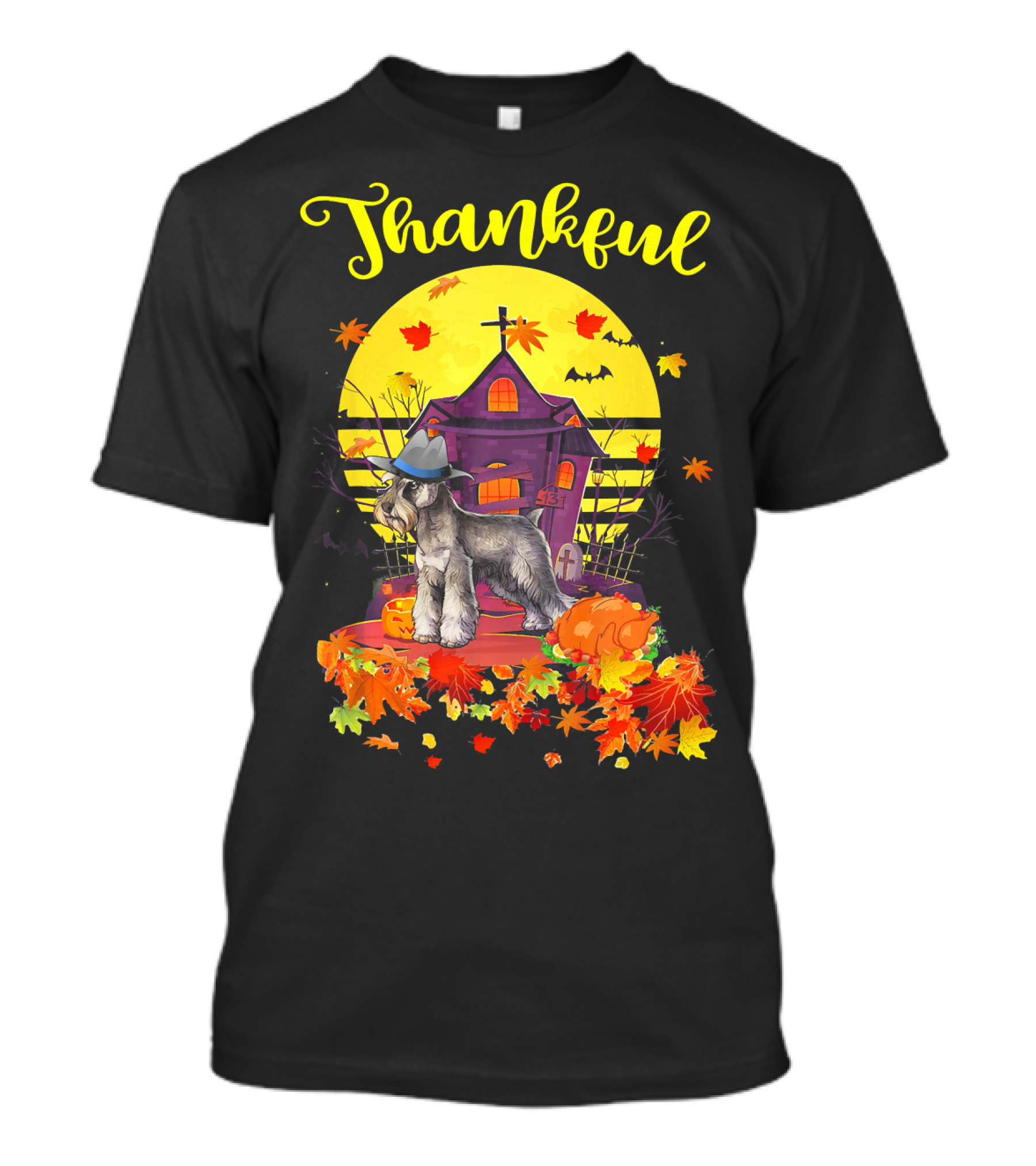 Thankful Miniature Schnauzer Dog With Hat In Autumn Scene T-Shirt