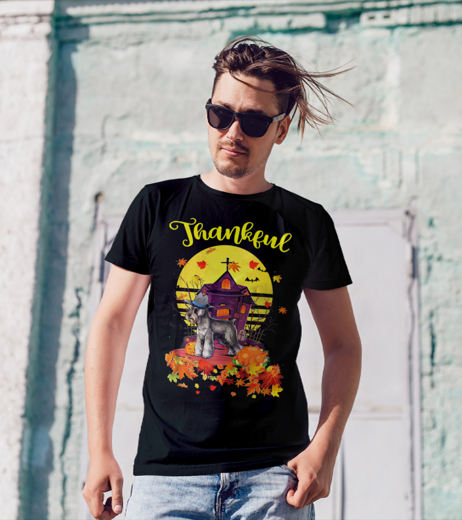Thankful Miniature Schnauzer Dog With Hat In Autumn Scene T-Shirt