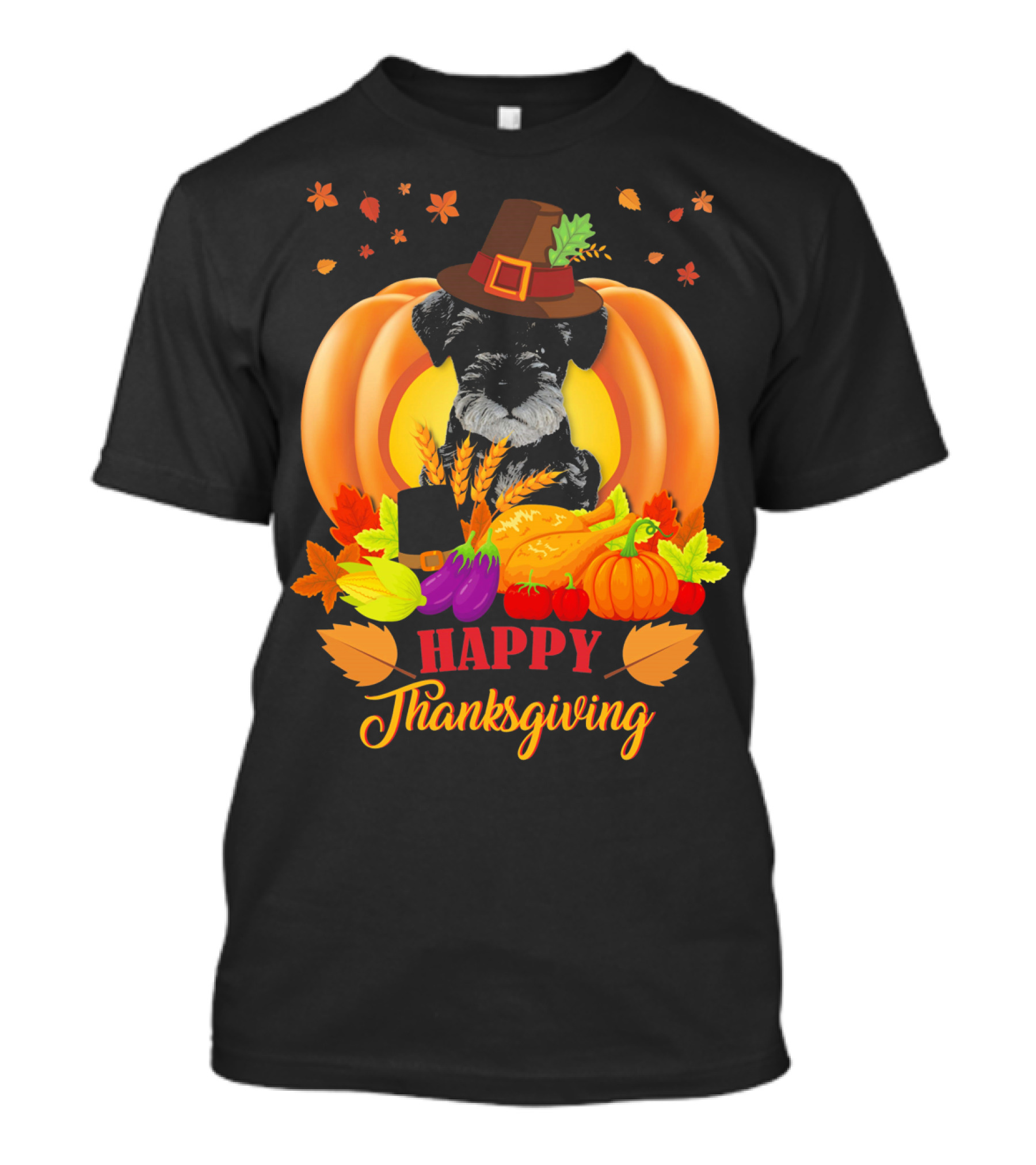 Happy Thanksgiving Miniature Schnauzer Dog With Pumpkins And Autumn Leaves T-Shirt
