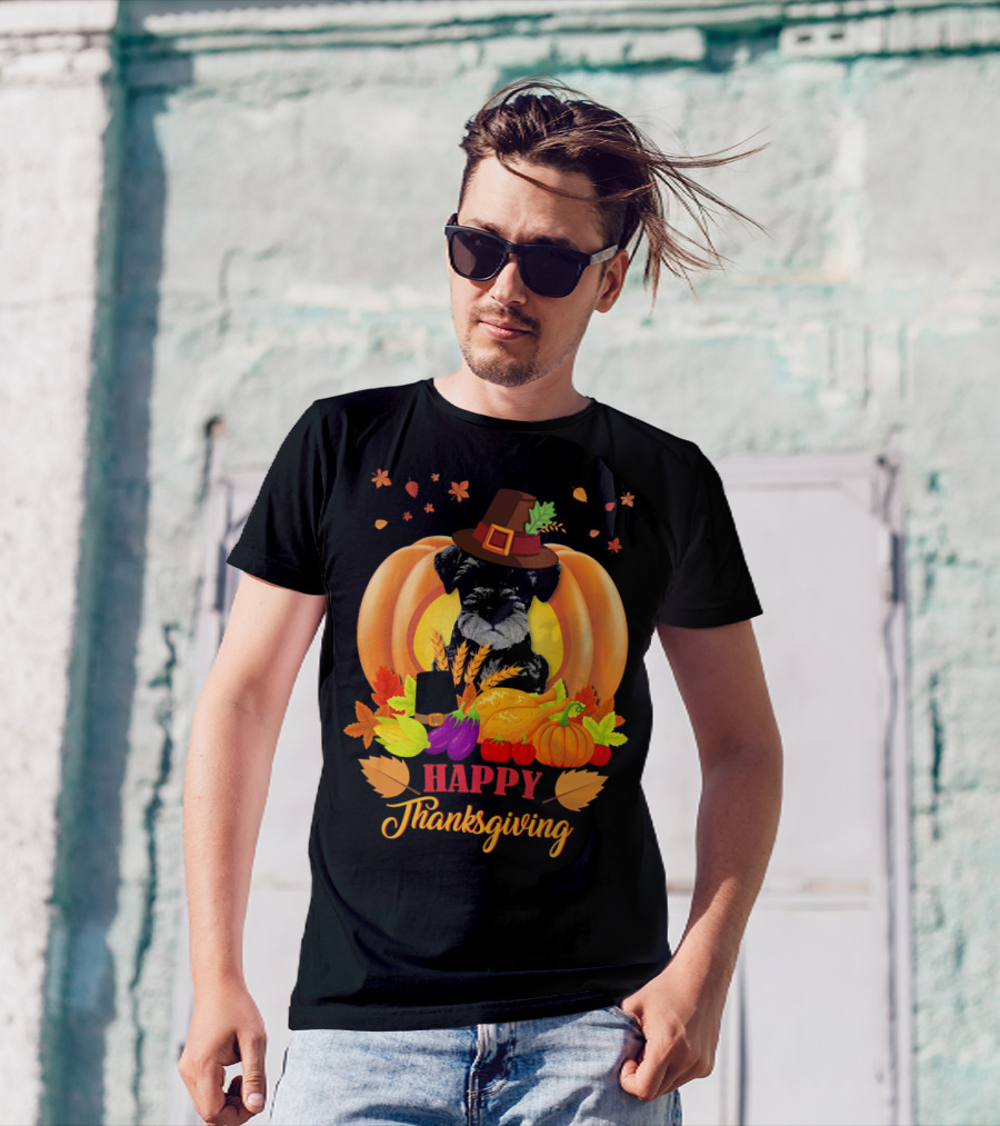 Happy Thanksgiving Miniature Schnauzer Dog With Pumpkins And Autumn Leaves T-Shirt
