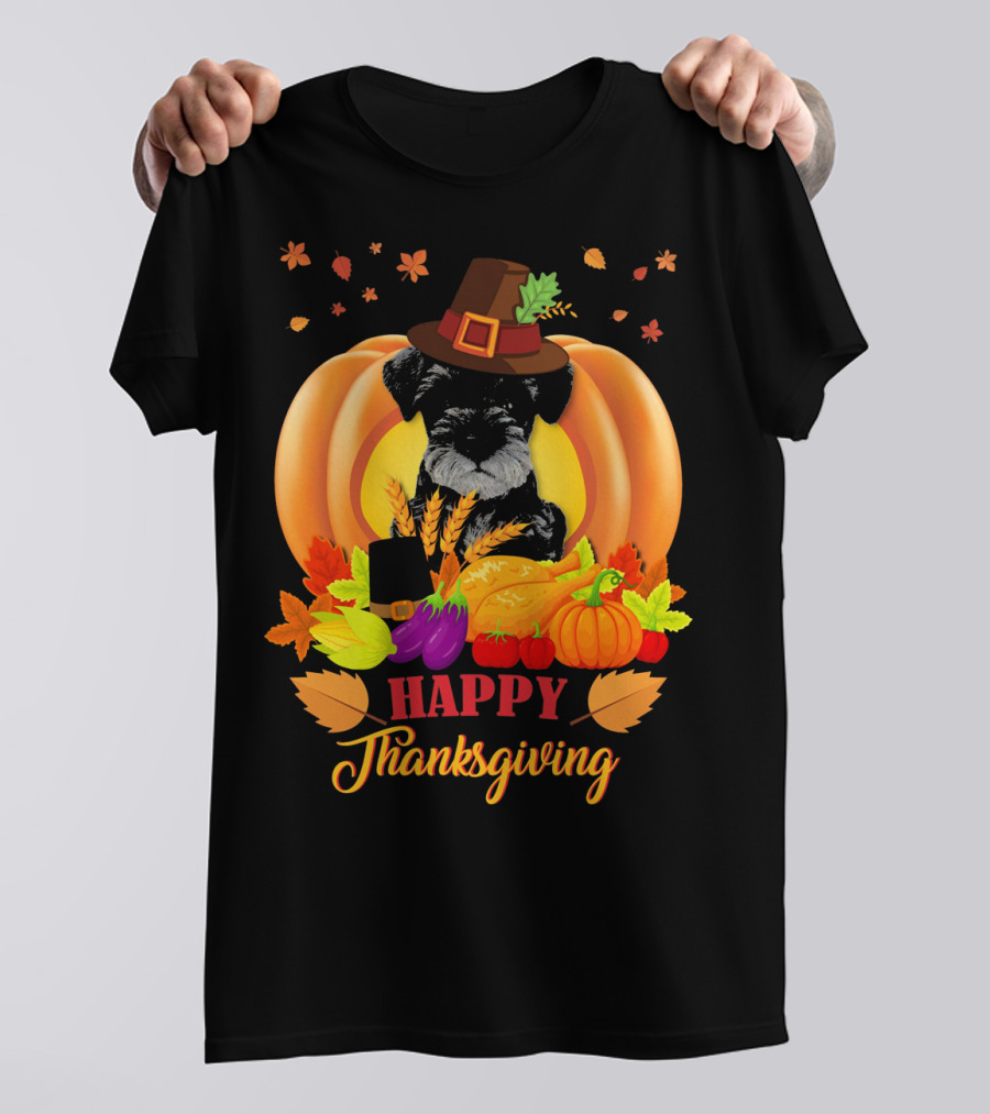 Happy Thanksgiving Miniature Schnauzer Dog With Pumpkins And Autumn Leaves T-Shirt