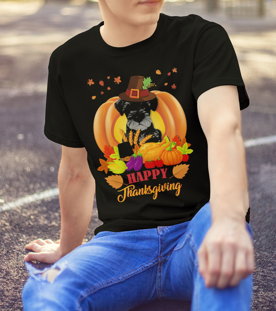 Happy Thanksgiving Miniature Schnauzer Dog With Pumpkins And Autumn Leaves T-Shirt