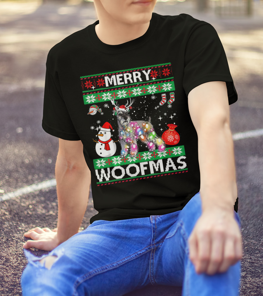 Miniature Schnauzer Merry Woofmas Snowman Lights Reindeer Antlers Christmas Socks Bag T-Shirt