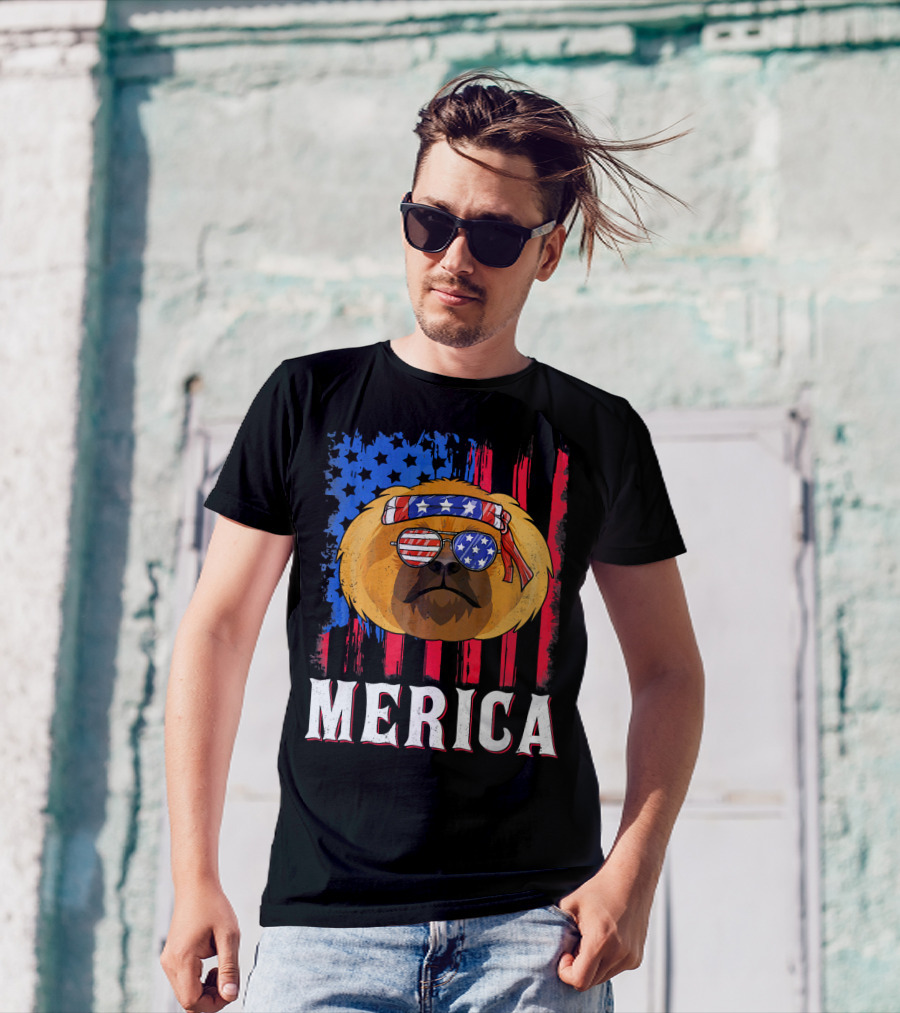 Merica Pekingese Red White Blue American Flag Sunglasses T-Shirt