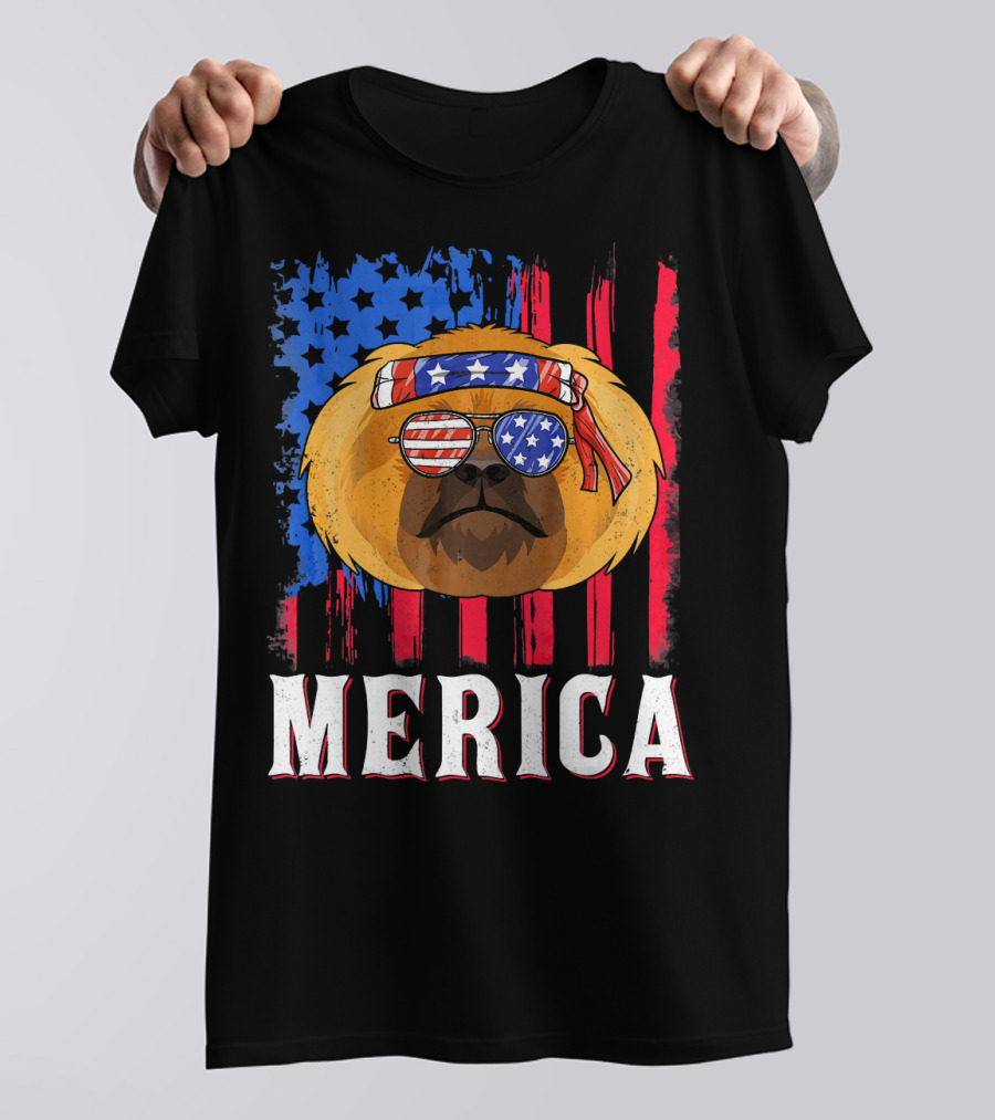 Merica Pekingese Red White Blue American Flag Sunglasses T-Shirt