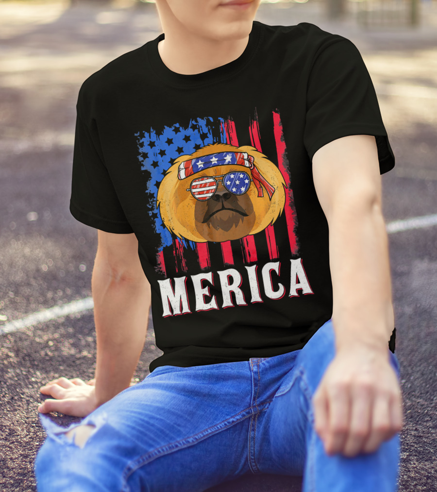 Merica Pekingese Red White Blue American Flag Sunglasses T-Shirt