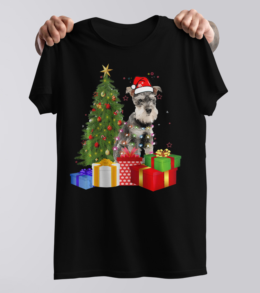 Santa Miniature Schnauzer With Christmas Tree And Presents T-Shirt