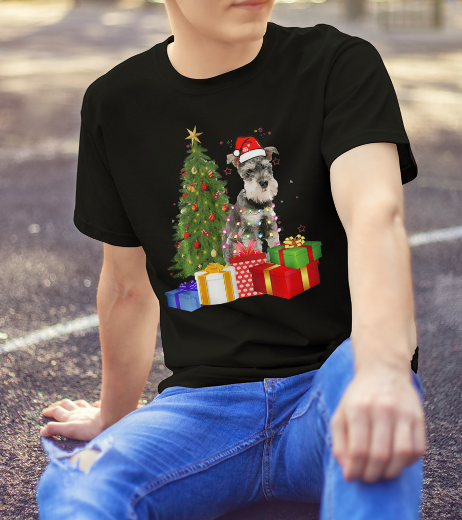 Santa Miniature Schnauzer With Christmas Tree And Presents T-Shirt
