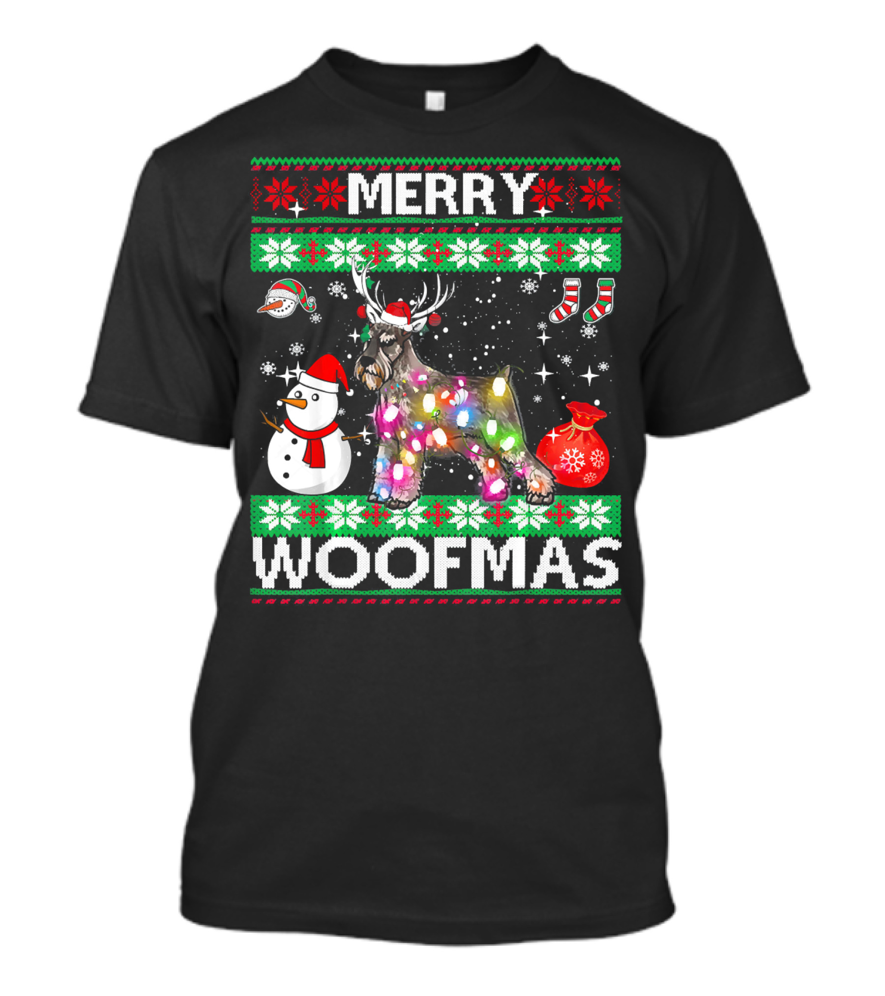 Merry Woofmas Standard Schnauzer Christmas Lights Snowman T-Shirt