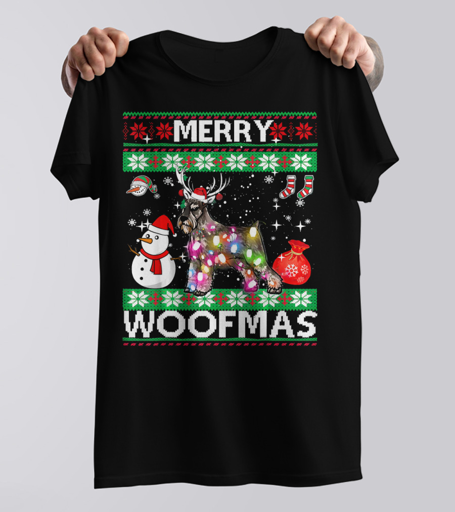 Merry Woofmas Standard Schnauzer Christmas Lights Snowman T-Shirt