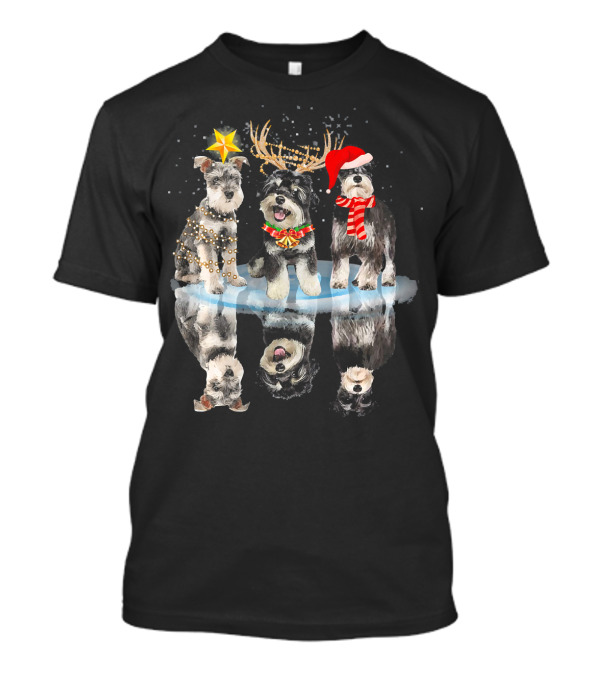 Three Schnauzer Dog Reflection Christmas Hats And Antlers T-Shirt