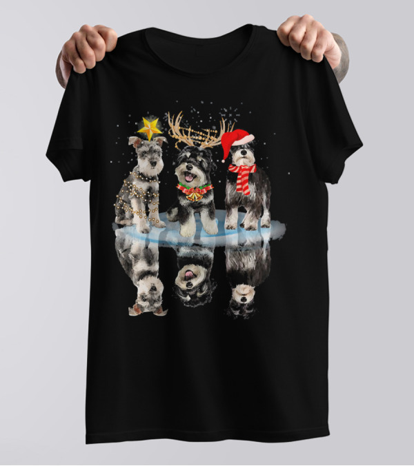 Three Schnauzer Dog Reflection Christmas Hats And Antlers T-Shirt