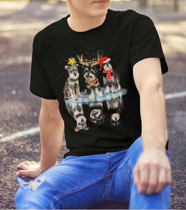 Three Schnauzer Dog Reflection Christmas Hats And Antlers T-Shirt