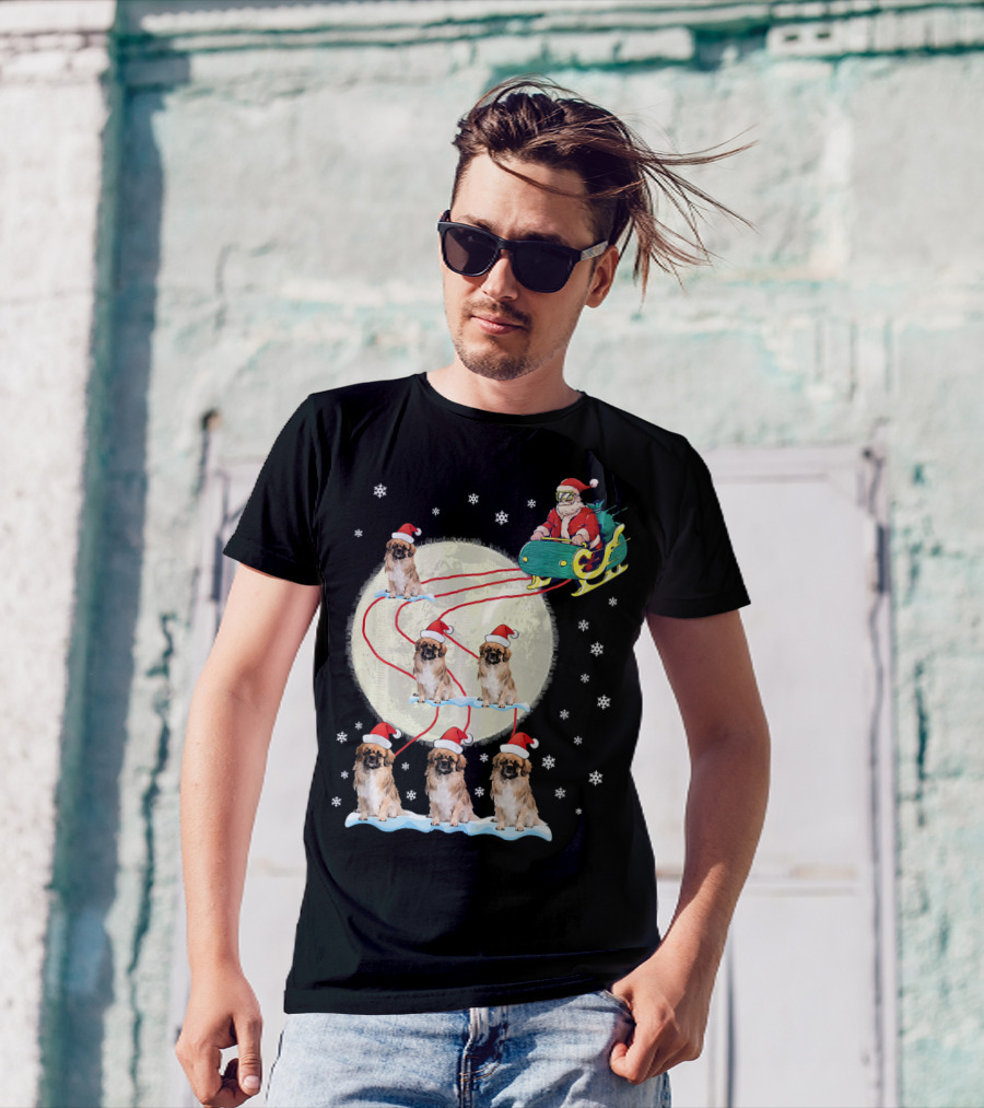Pekingese Dogs Santa Reindeer Christmas Moon Snowflakes T-Shirt