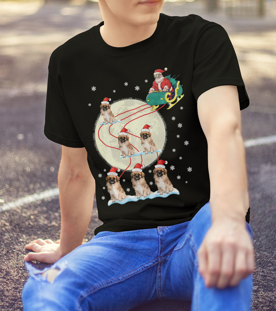 Pekingese Dogs Santa Reindeer Christmas Moon Snowflakes T-Shirt