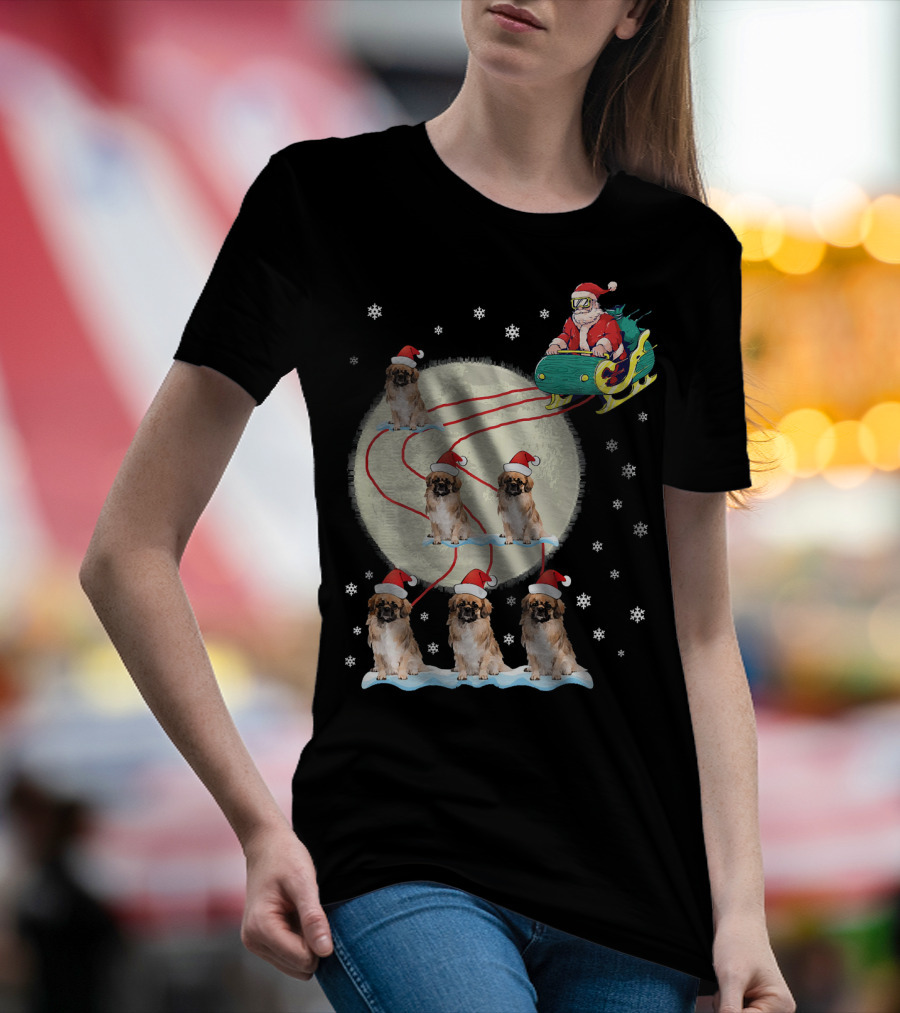Pekingese Dogs Santa Reindeer Christmas Moon Snowflakes T-Shirt