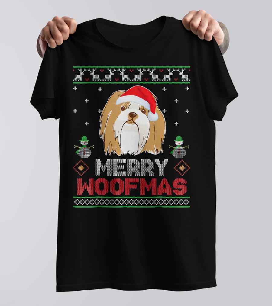 Merry Woofmas Lhasa Apso With Santa Hat Christmas T-Shirt