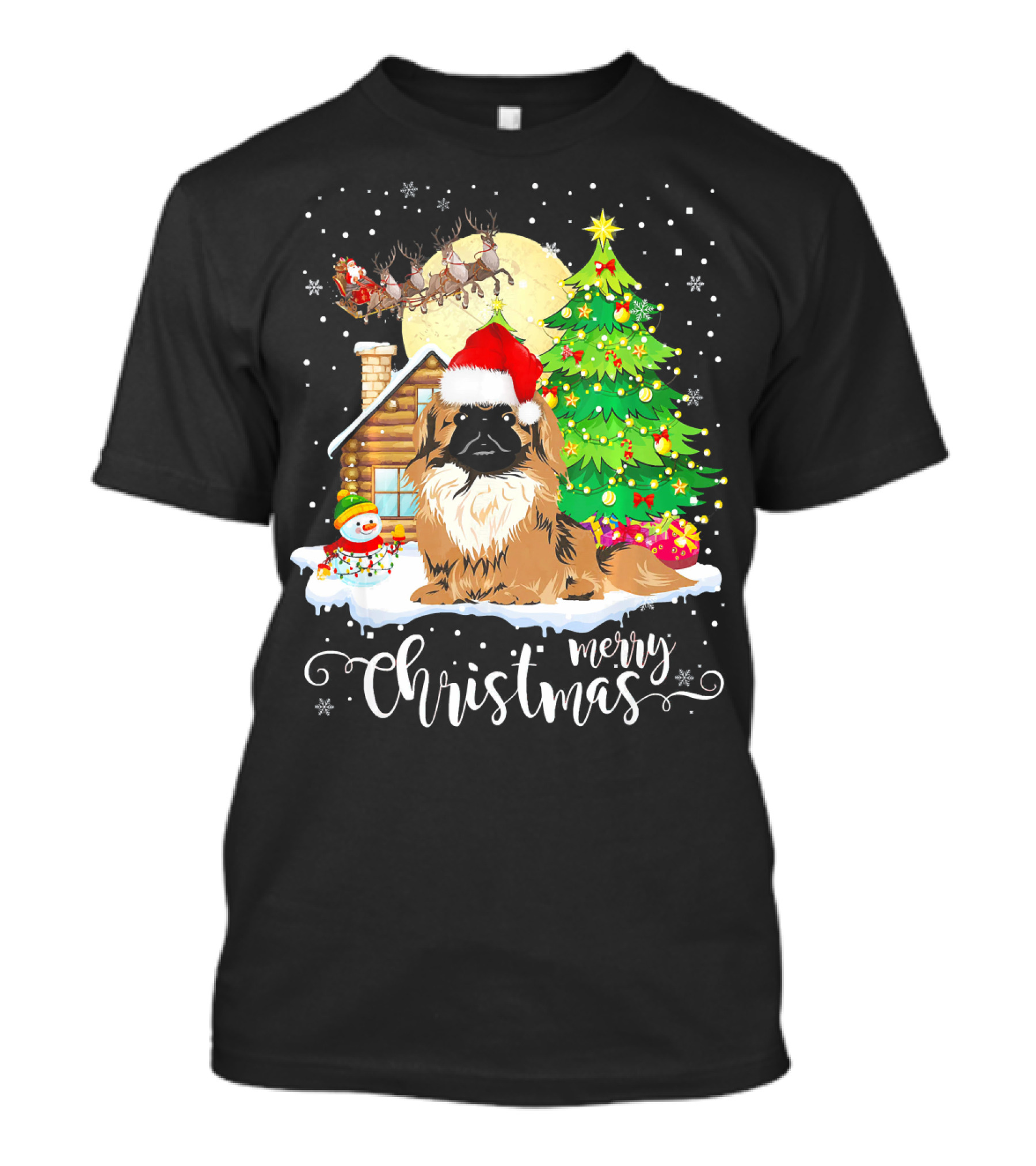 Pekingese Merry Christmas Santa Hat Snowman Cabin Christmas Tree T-Shirt