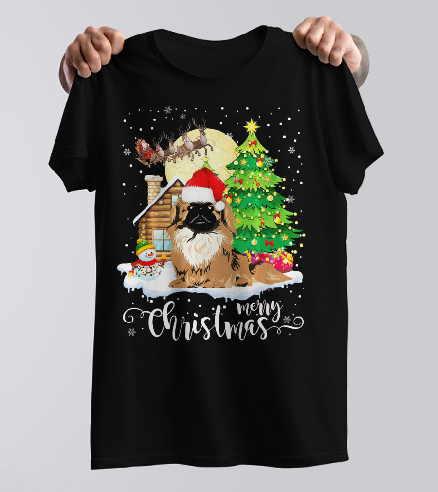Pekingese Merry Christmas Santa Hat Snowman Cabin Christmas Tree T-Shirt