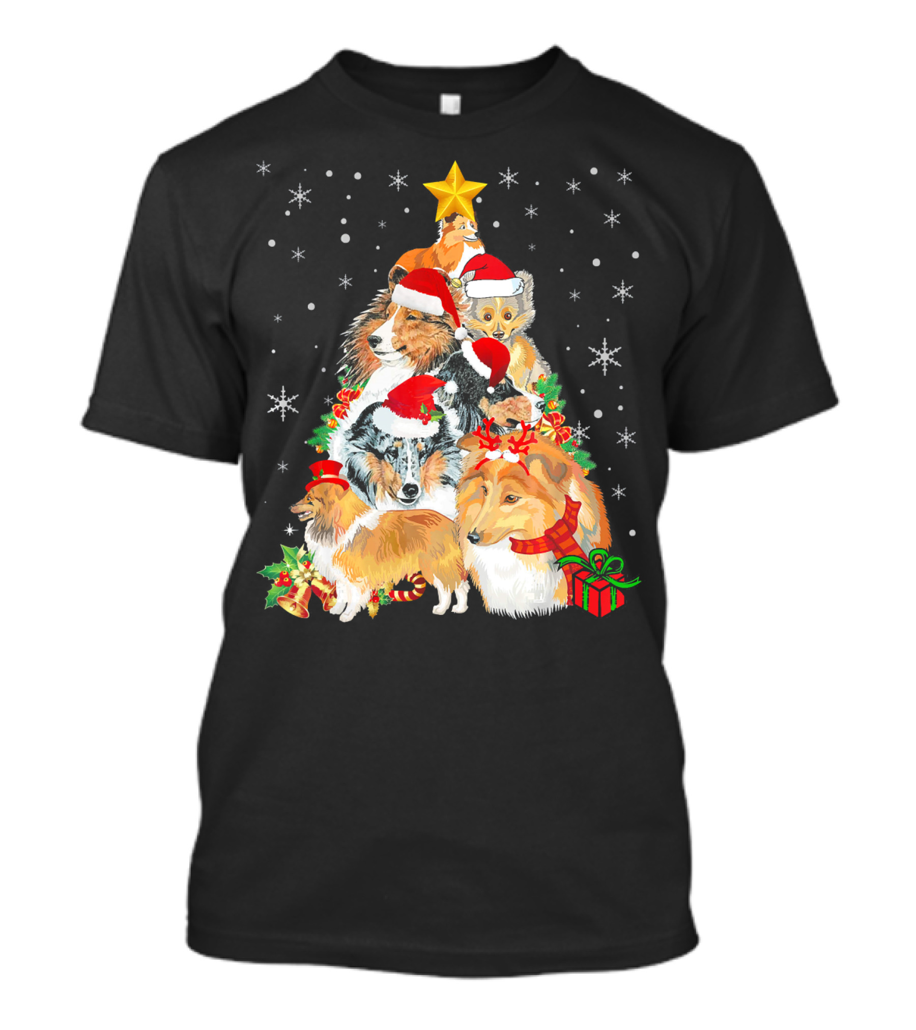 Sheltie Puppies In Santa Hats With Gifts And Star Christmas Tree T-Shirt