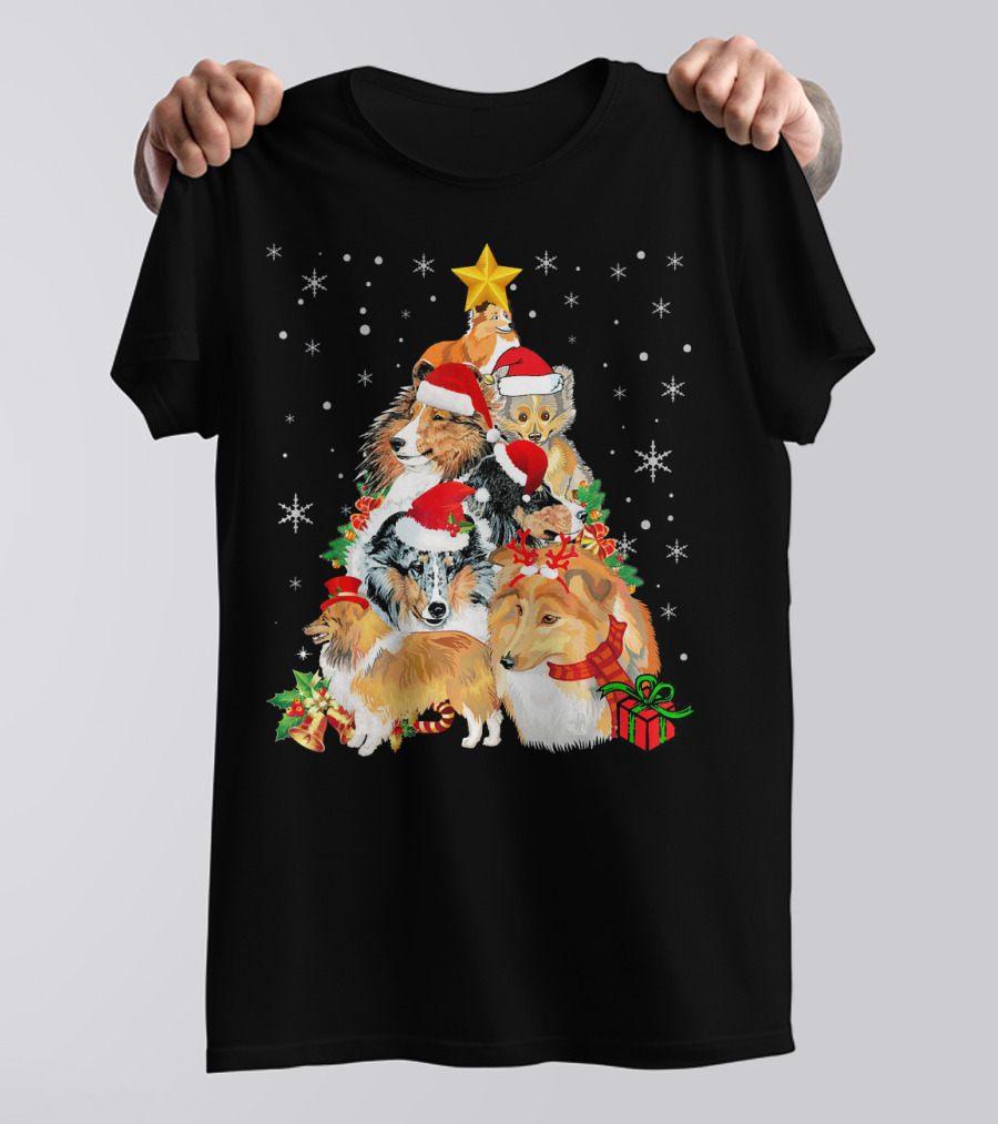 Sheltie Puppies In Santa Hats With Gifts And Star Christmas Tree T-Shirt