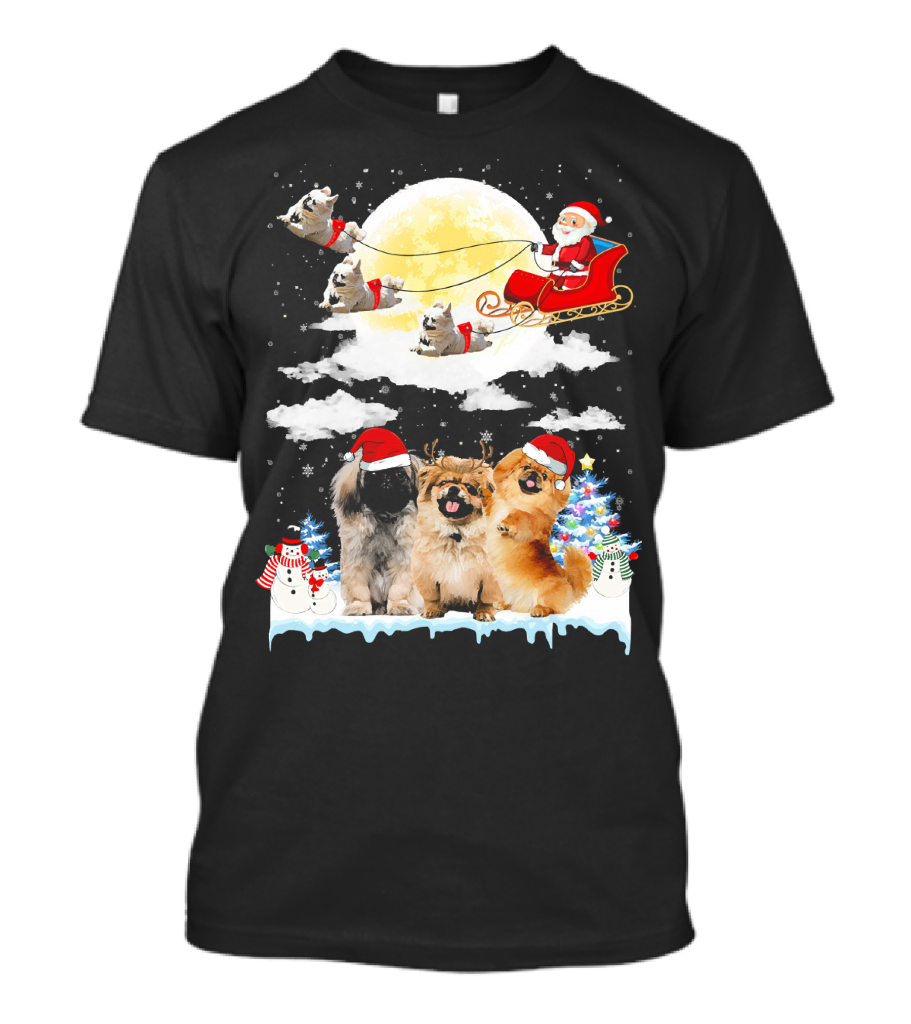 Santa On Sleigh With Pekingese Dogs And Festive Christmas Scene T-Shirt