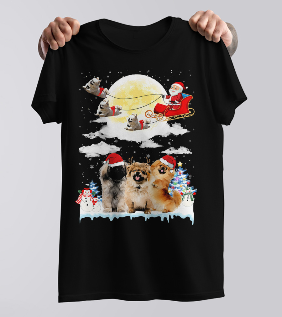 Santa On Sleigh With Pekingese Dogs And Festive Christmas Scene T-Shirt