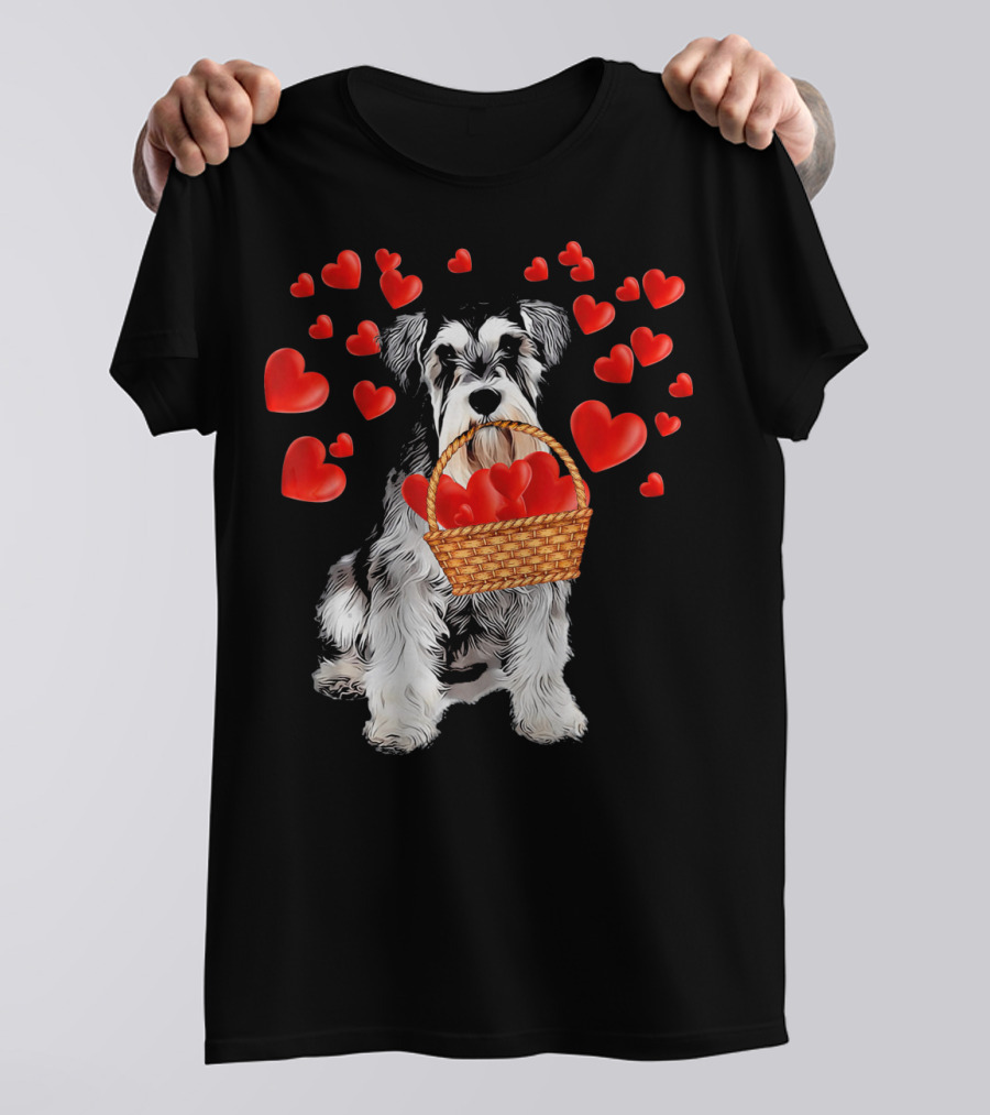 Miniature Schnauzer With Basket Of Red Hearts T-Shirt