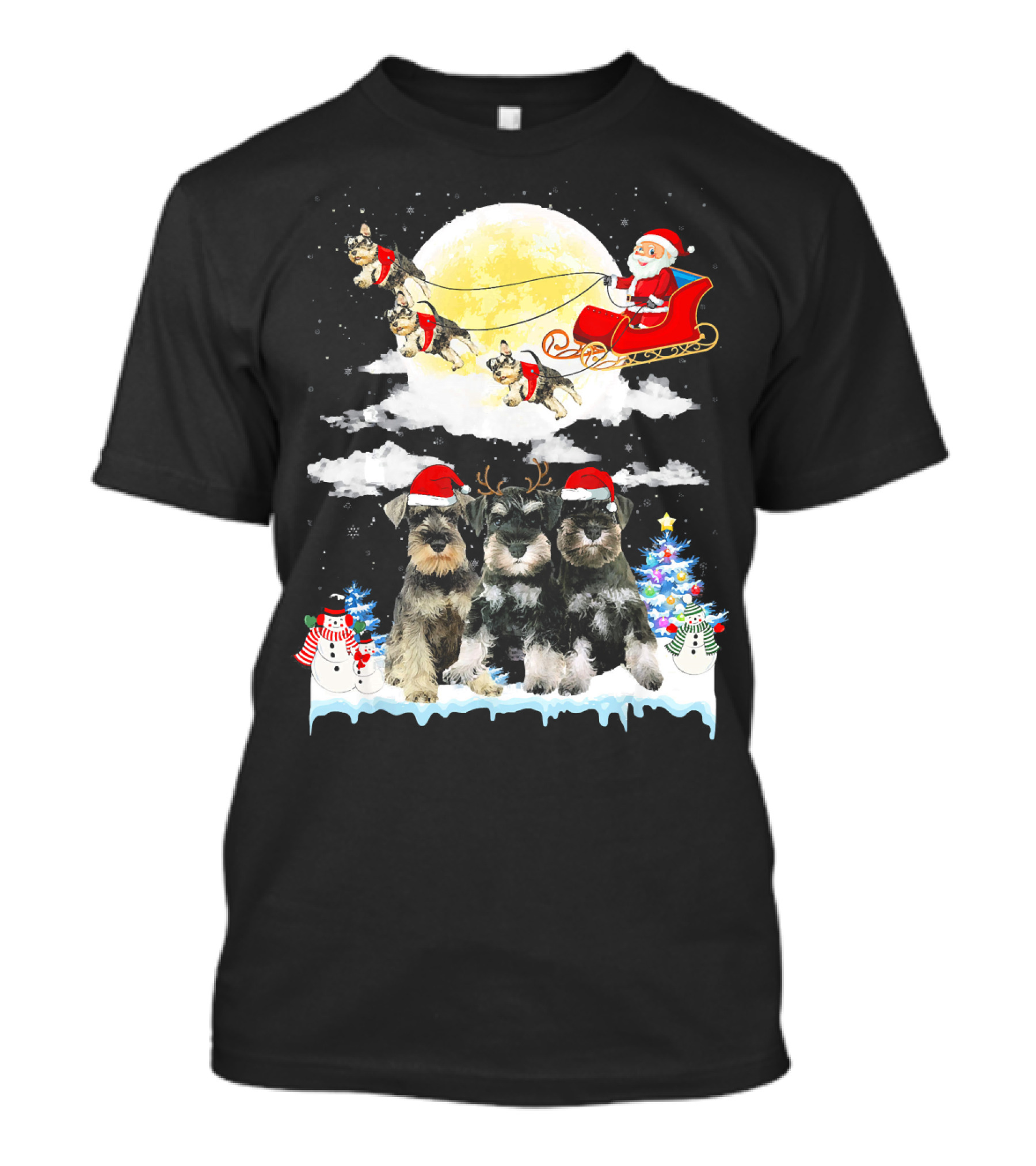 Miniature Schnauzer Dogs With Santa Sleigh And Christmas Scene In Snow T-Shirt