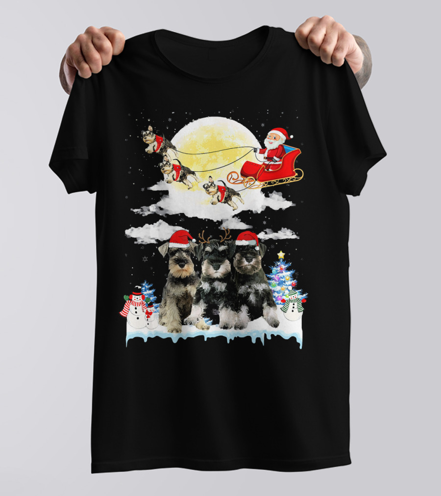 Miniature Schnauzer Dogs With Santa Sleigh And Christmas Scene In Snow T-Shirt