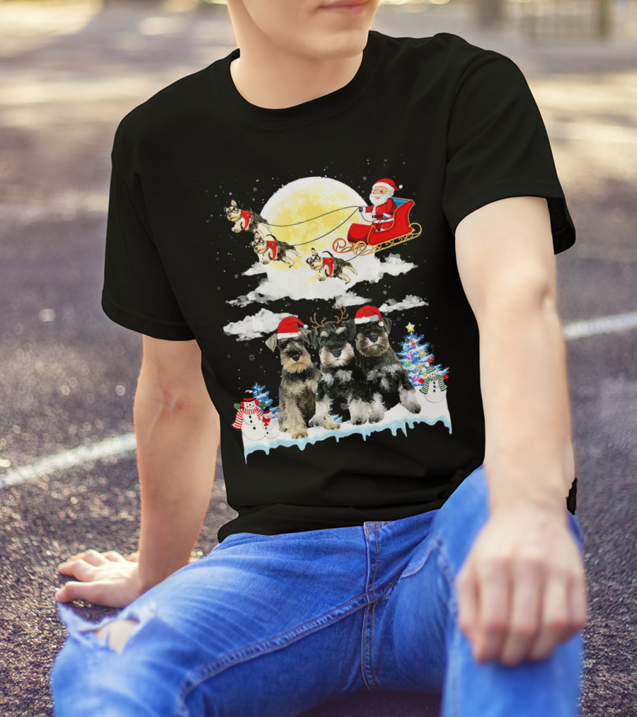 Miniature Schnauzer Dogs With Santa Sleigh And Christmas Scene In Snow T-Shirt