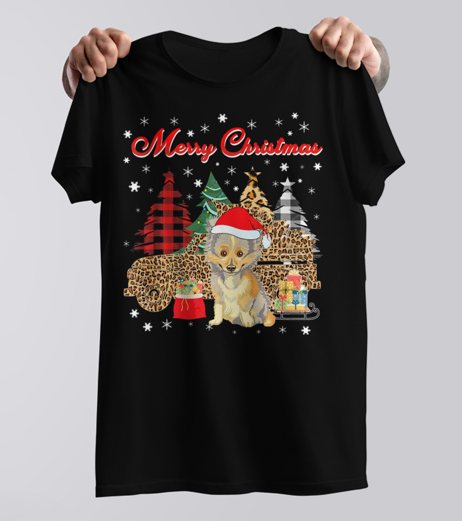 Merry Christmas Sheltie Leopard Plaid Truck With Santa Hat And Gifts T-Shirt