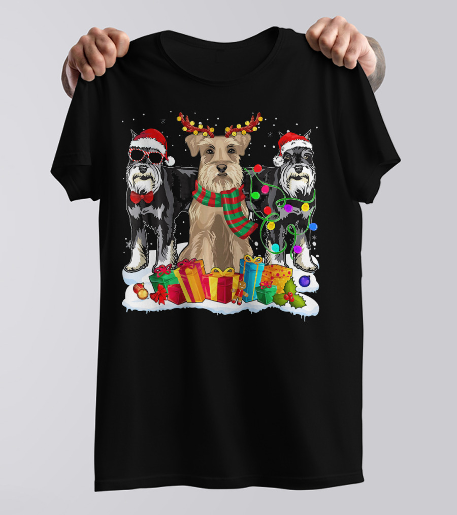 Schnauzer Christmas Santa Hat With Presents And Holiday Lights T-Shirt
